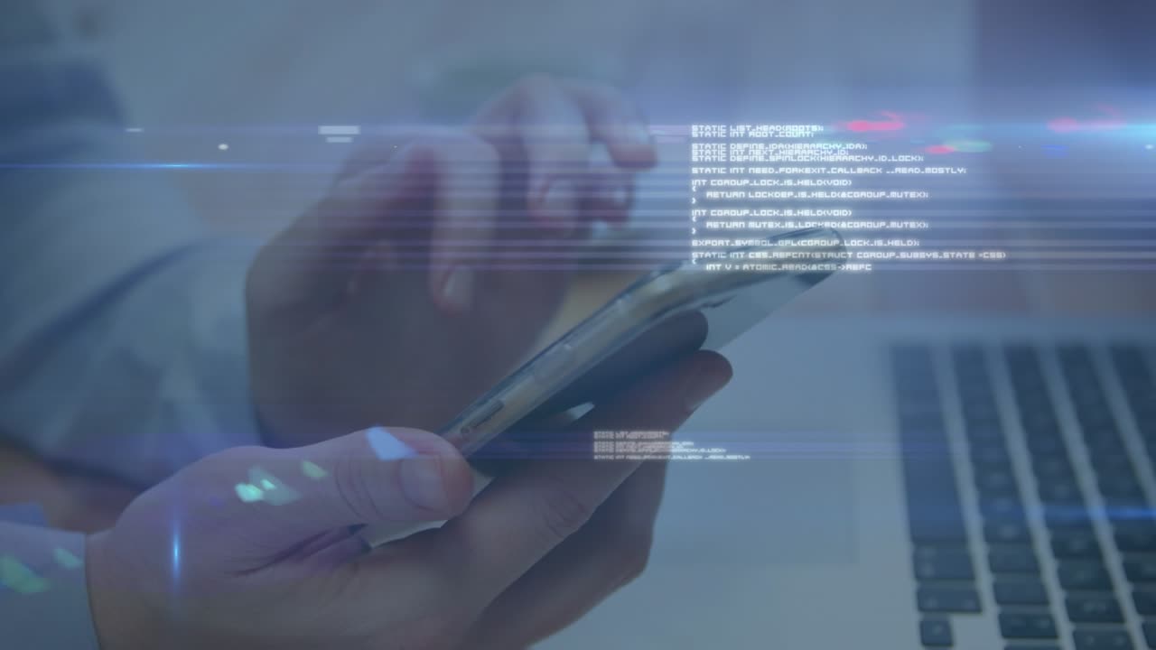 Animation of data processing over caucasian man using smartphone
