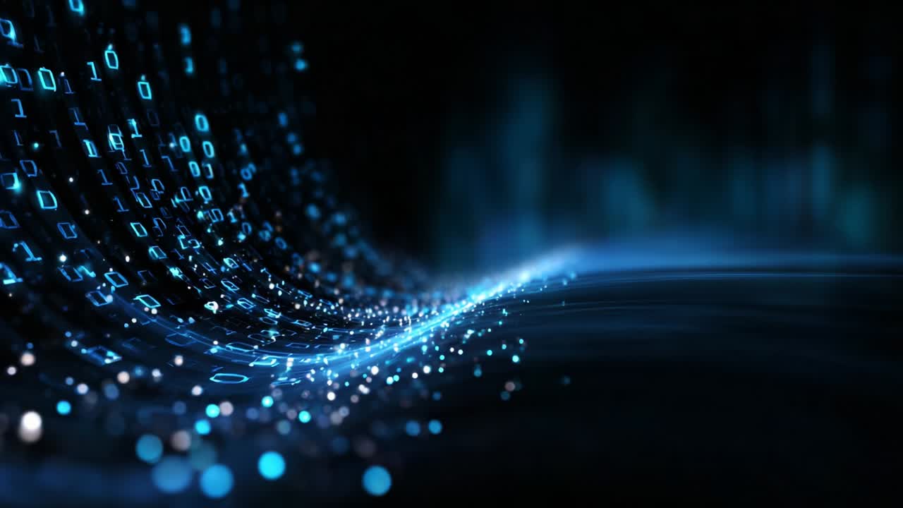 A mesmerizing visual representation of flowing digital data, with shimmering binary code cascading along a sleek, illuminated wave, showcasing the dynamic nature of technology and information in a captivating manner