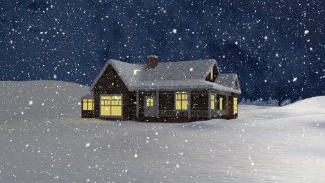 Snow-falling-over-a-house-on-winter-landscape-against-night-sky