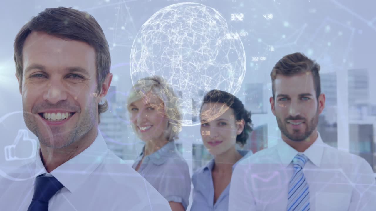 animación del procesamiento de datos financieros sobre diversas personas de negocios en la oficina