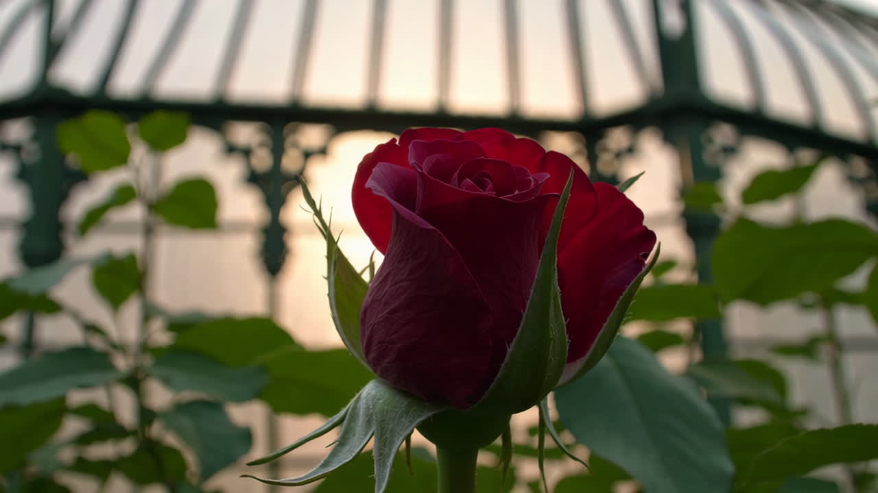 A red rose blooming in a greenhouse