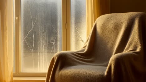 cozy armchair by a frosty window with warm light