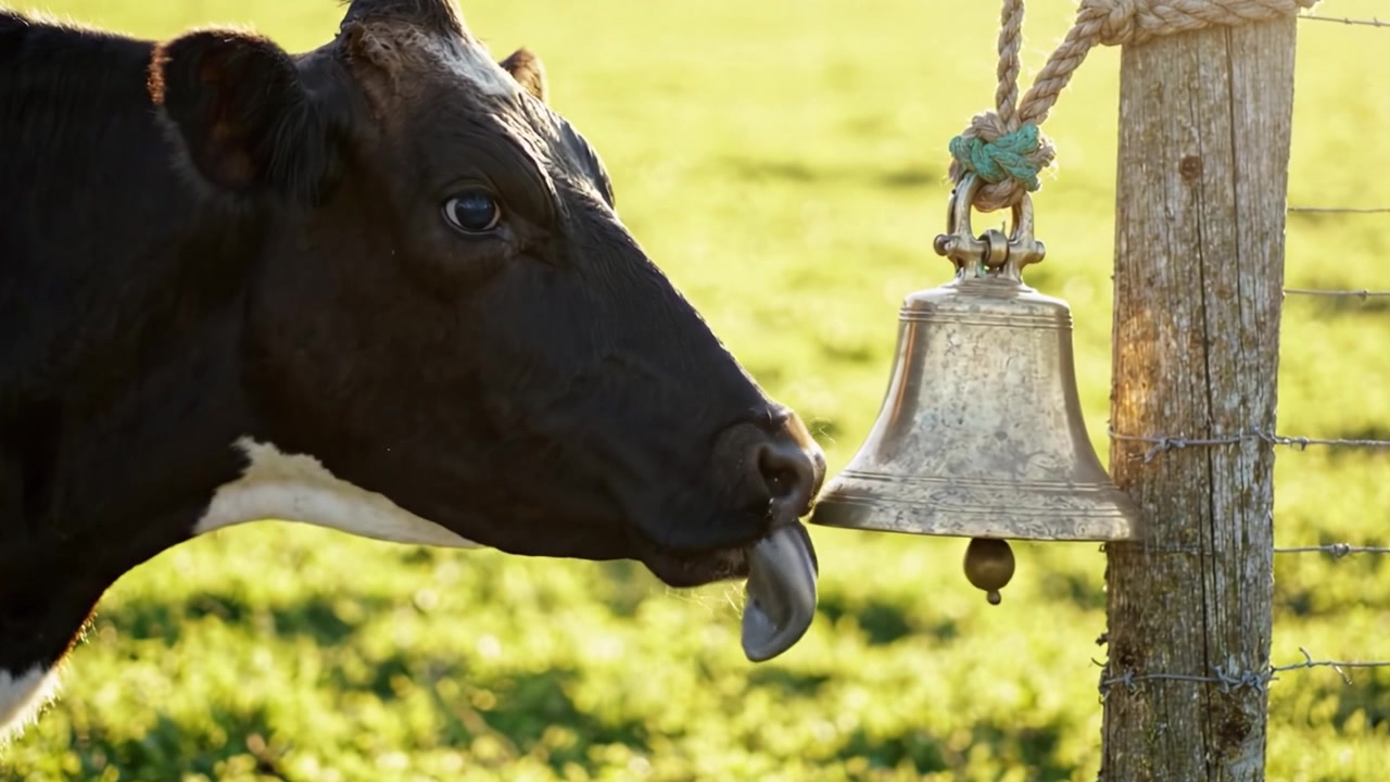 Un momento sereno: una mucca curiosa si avvicina a una campana appesa vicino a un pascolo recintato, catturando la dolce essenza della vita rurale