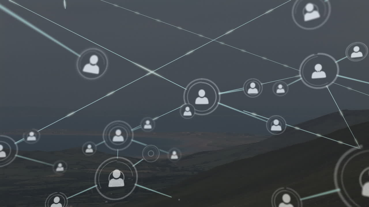 animación de la red de conexiones con iconos sobre el paisaje