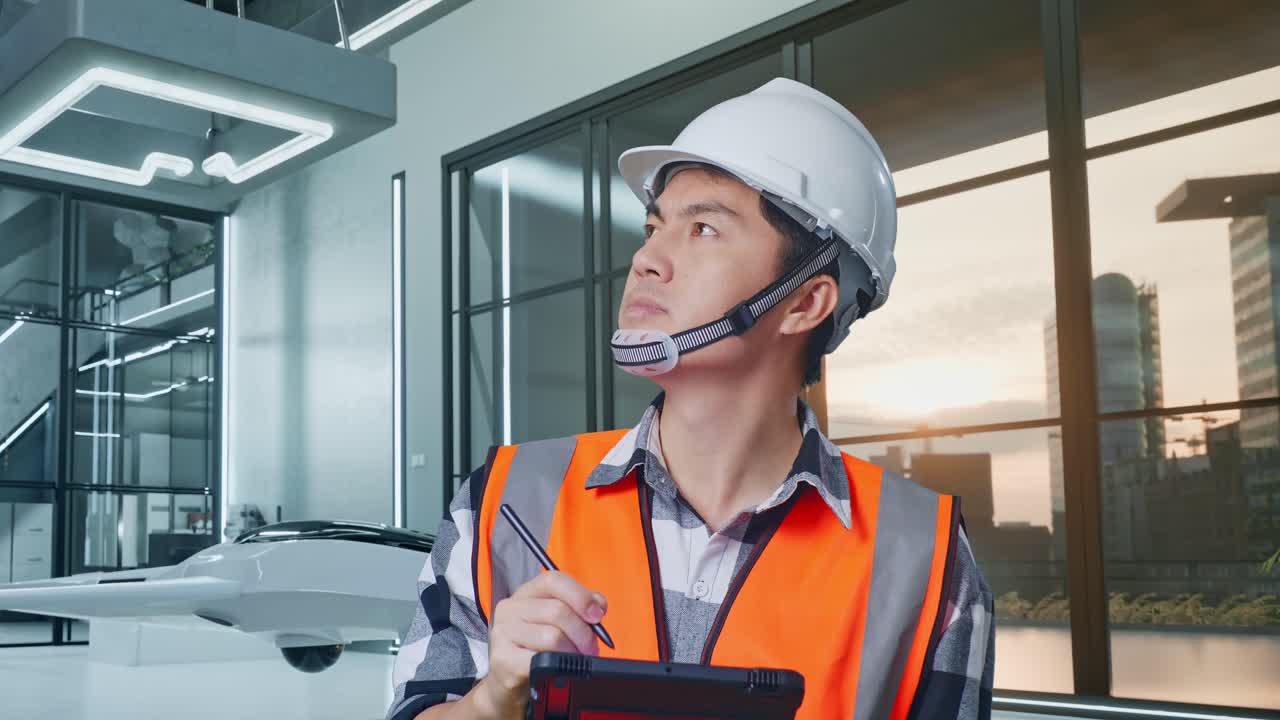 현대 사무실에서 태블릿을 사용하는 엔지니어