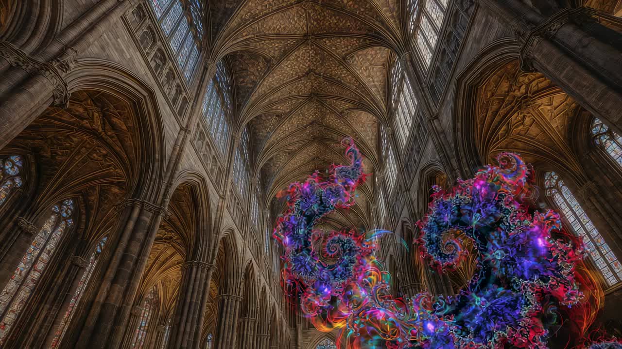 Emerging multicolored fractal swirl rising across nave in Gothic cathedral expanding upward