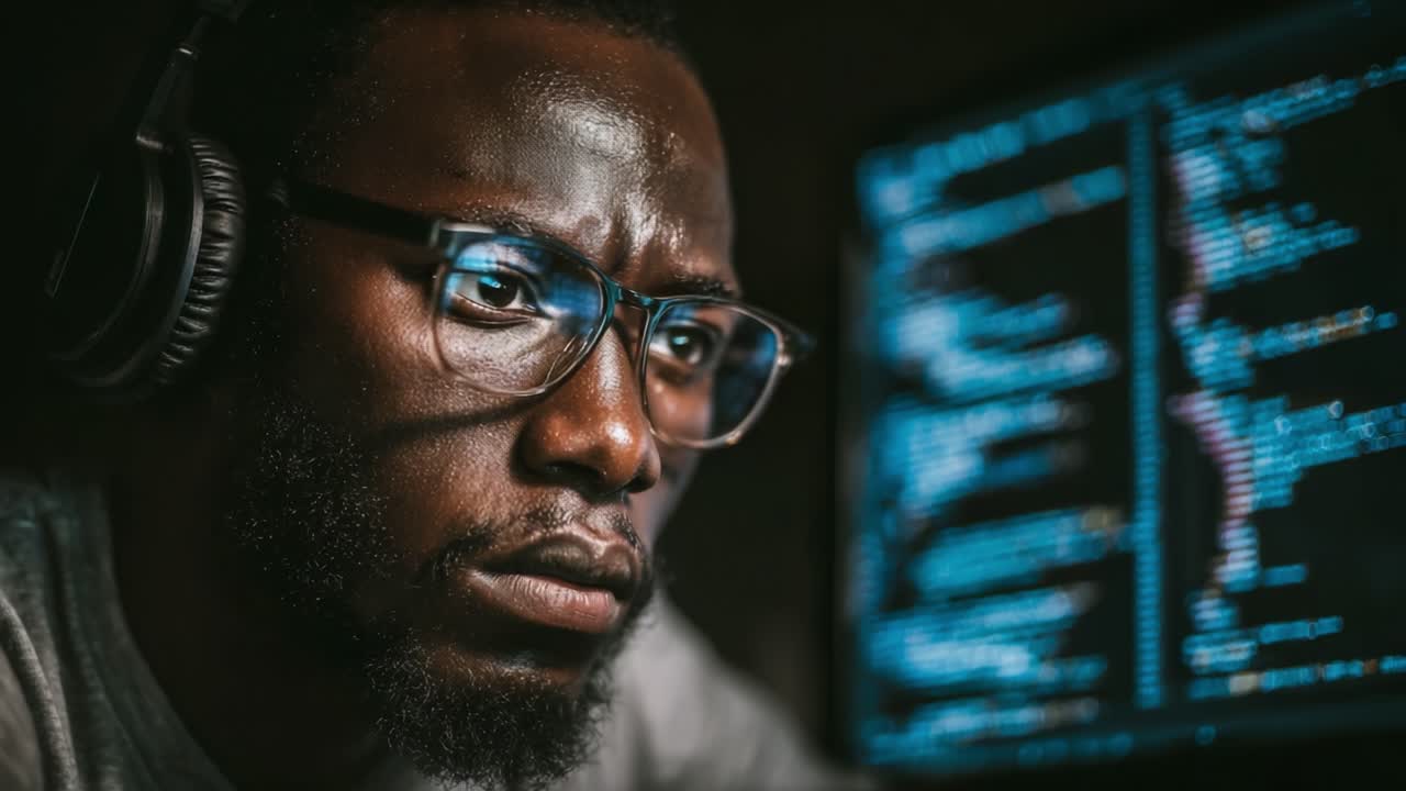 A focused programmer intensely analyzing lines of complex code on a glowing monitor, embodying the essence of concentration and digital innovation in a dark workspace setting