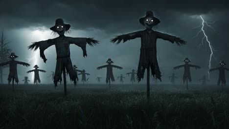 mysterious and eerie scarecrow army in a stormy night landscape with lightning and dark clouds creating an ominous atmosphere of suspense and fear