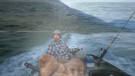 composite video of flowing water against caucasian man riding in a boat with his dog