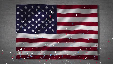 Digitale-Animation-Von-Konfetti,-Das-über-Die-Schwenkende-Amerikanische-Flagge-Auf-Grauem-Hintergrund-Fällt