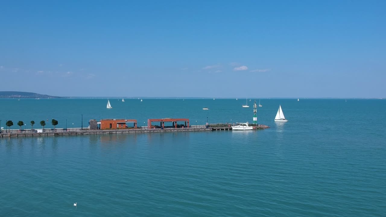 Aerial establishing shot of the pier at Tihany, Lake Balaton, Hungary