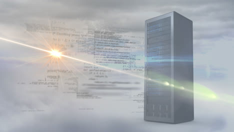 animation of data processing over server and sky with clouds