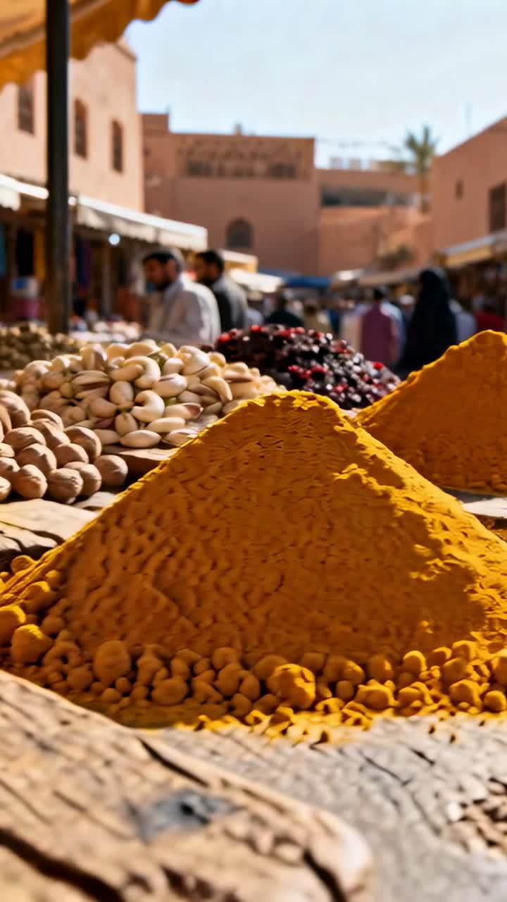 Vertical video: Panning camera revealing cone yellow spice pile on wood table, drawing shoppers