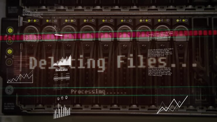 Animation of data processing and diagrams over server room