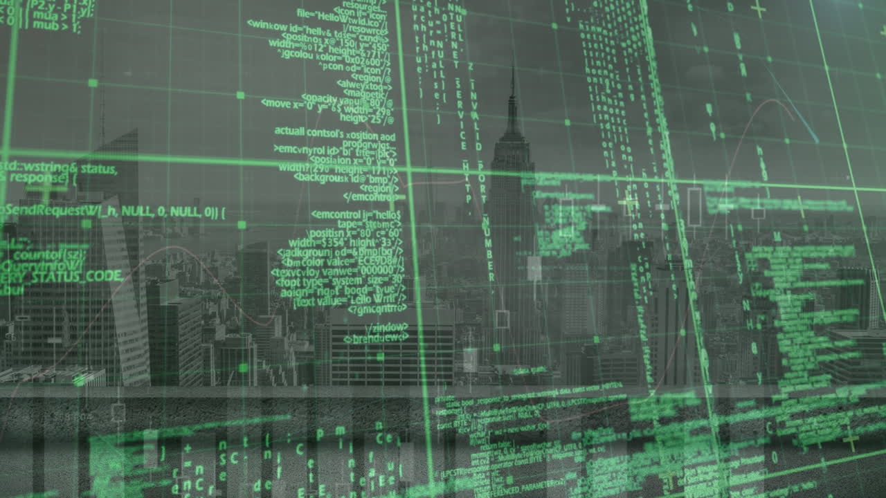 Animation of data processing over grid network against aerial view of cityscape