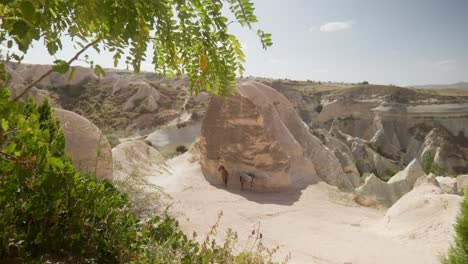 Caballos-Turísticos-Se-Refugian-Bajo-Una-Gran-Roca-Arenisca-Paisaje-De-Capadocia