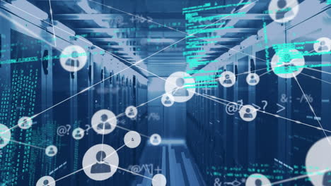 animation of network of connections with people icons and data processing over computer servers
