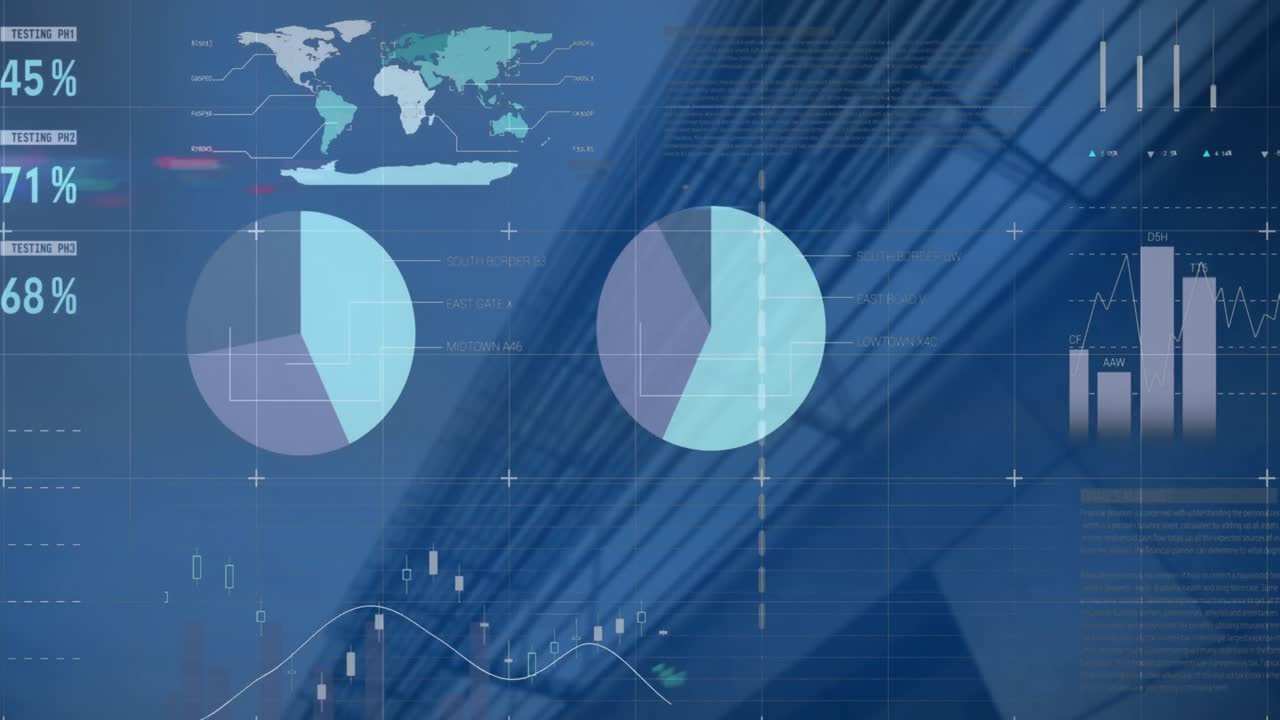 Animation of multicolored infographic interface over low angle view of modern building against sky