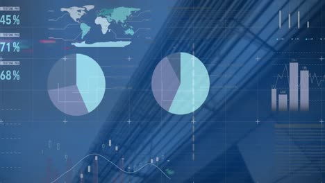 animation of multicolored infographic interface over low angle view of modern building against sky