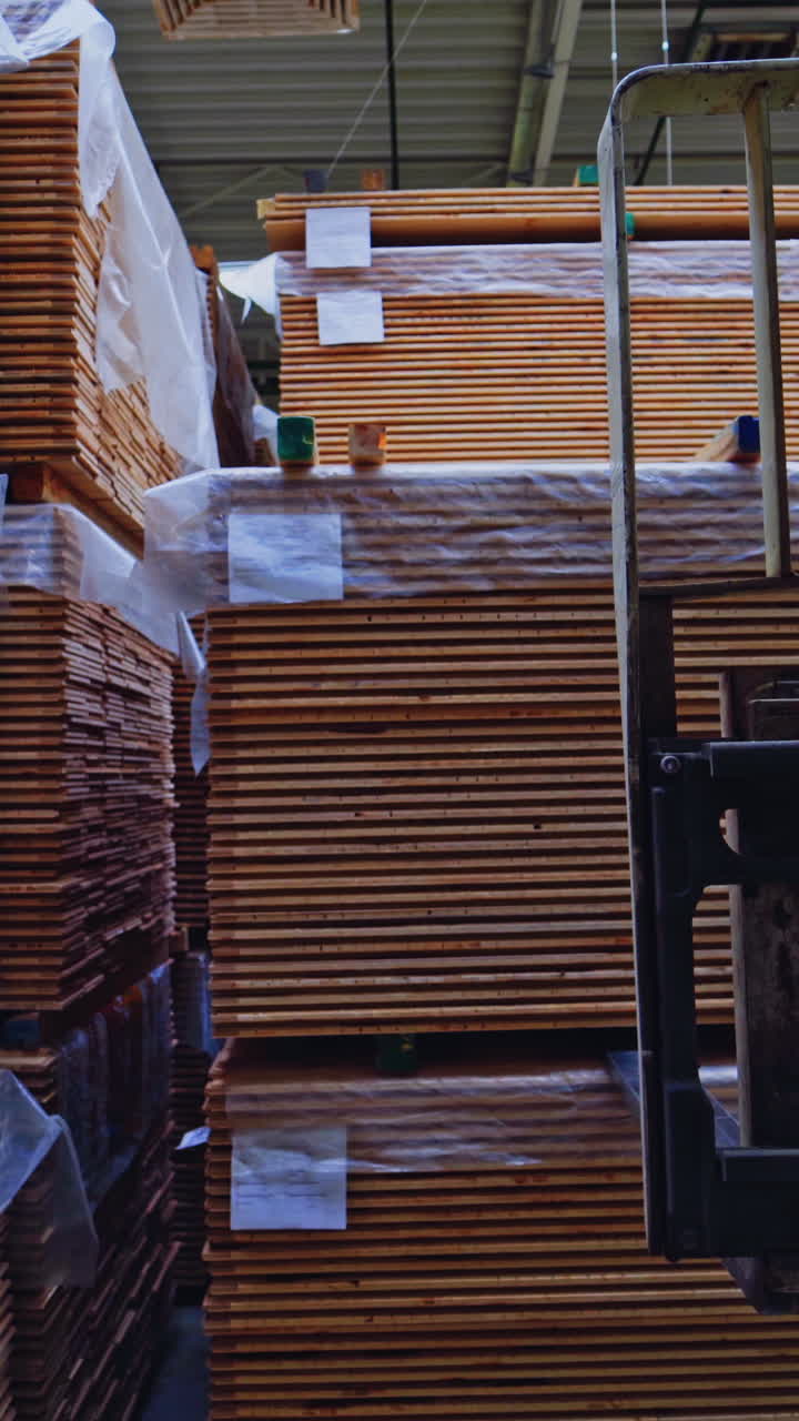 Woodworking industry. Forklift cart putting stack of wooden boards on the floor. Modern factory of wood production. Camera motion back. Vertical video