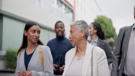 city discussion, walking and business women