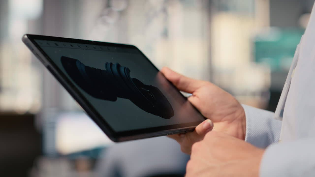 Close Up Of Researcher Analyzing Turbine On Tablet To Maximize Sustainability