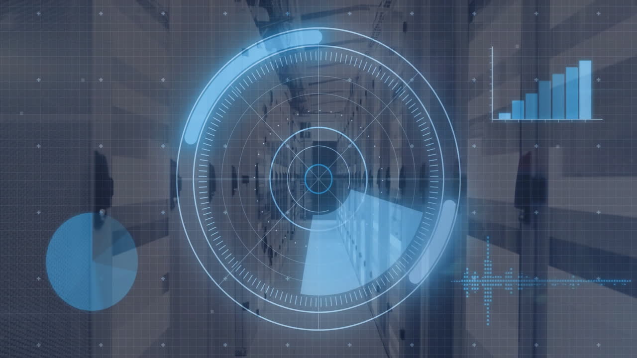 Animation of futuristic digital interface with circular HUD elements in hallway