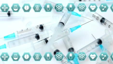 multiple medical icons in seamless pattern over multiple syringes falling against white background