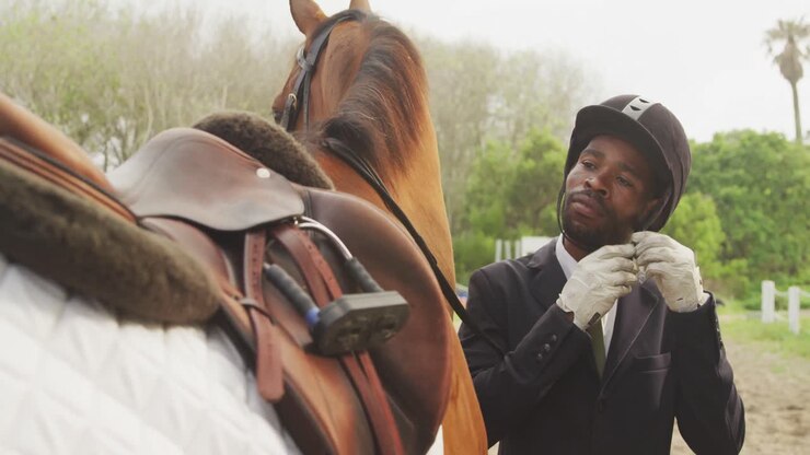 Uomo afroamericano pronto a cavalcare il suo cavallo da dressage