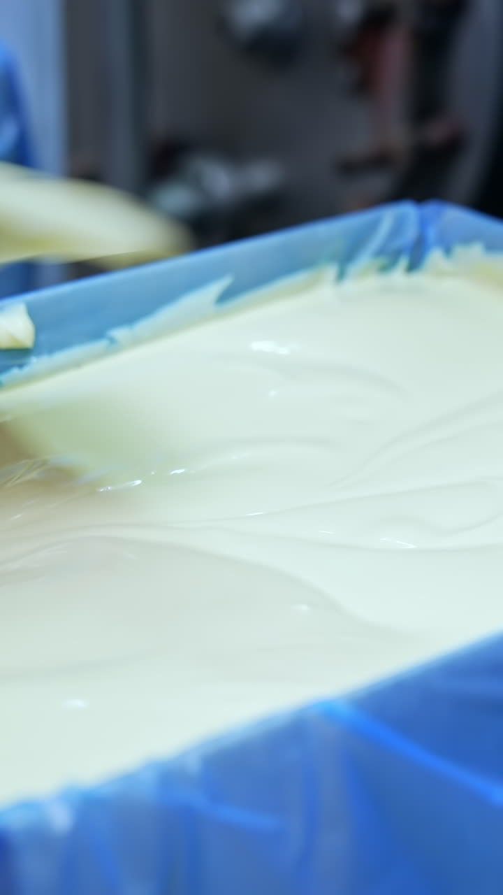 Smooth dairy product in a box. Production of fresh tasty butter on a milk farm. Worker levels the butter product in the container.. Vertical video