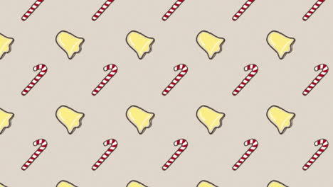 animation of christmas bells and candy canes on light brown background