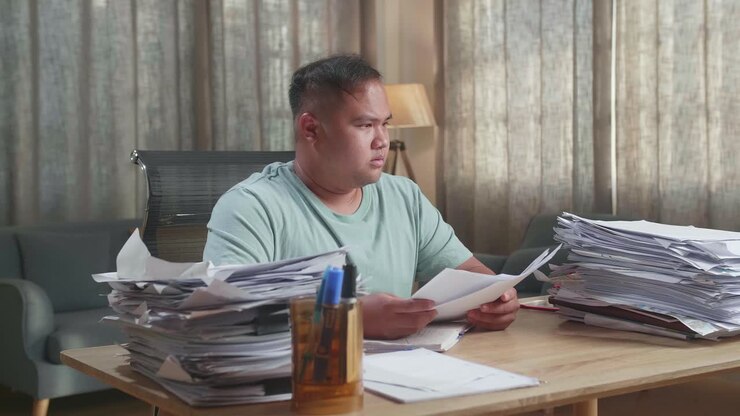 Fat Asian Man Being Tired Working Hard With Documents At The Office