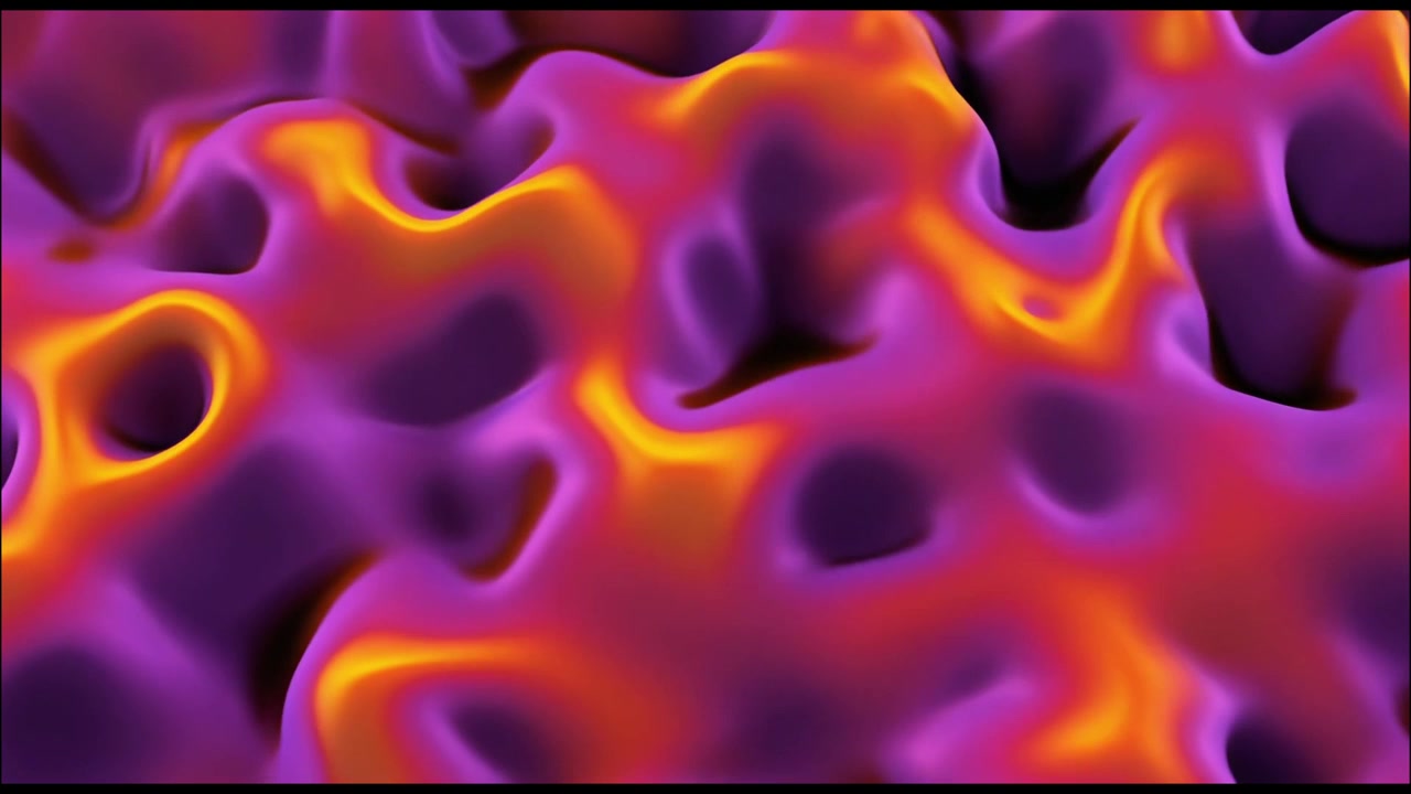Animazione 3D astratta di onde liquide viola e arancioni.