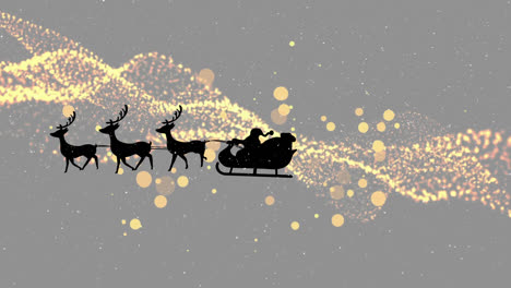 Snow-falling-on-santa-claus-in-sleigh-being-pulled-by-reindeers-against-yellow-digital-wave