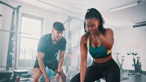entrenador personal guiando a una mujer en el gimnasio