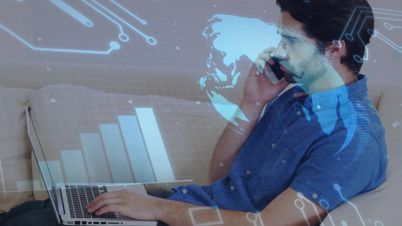 Man on couch typing laptop, glancing at phone, calling about business, overlay mapping to devices