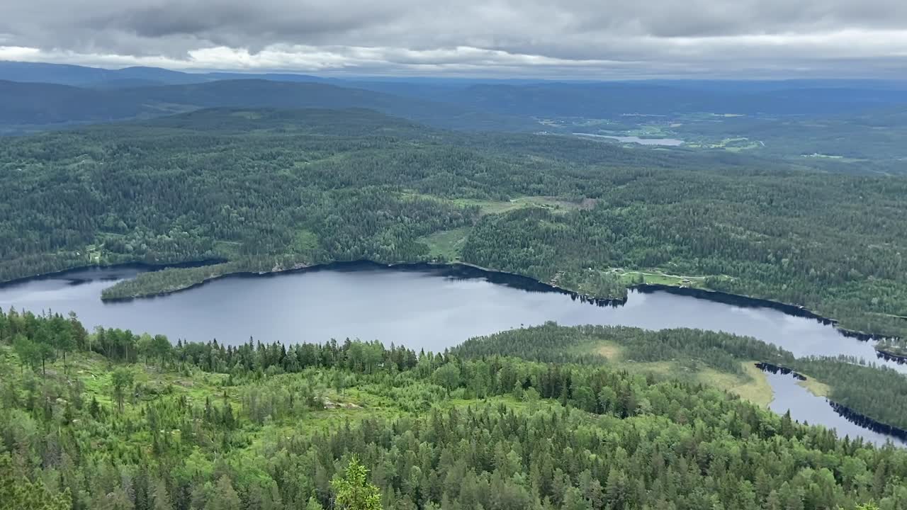 A stunning panoramic view from the top of a hill in Telemark, Norway, showcasing a vast pine forest interspersed with tranquil lakes