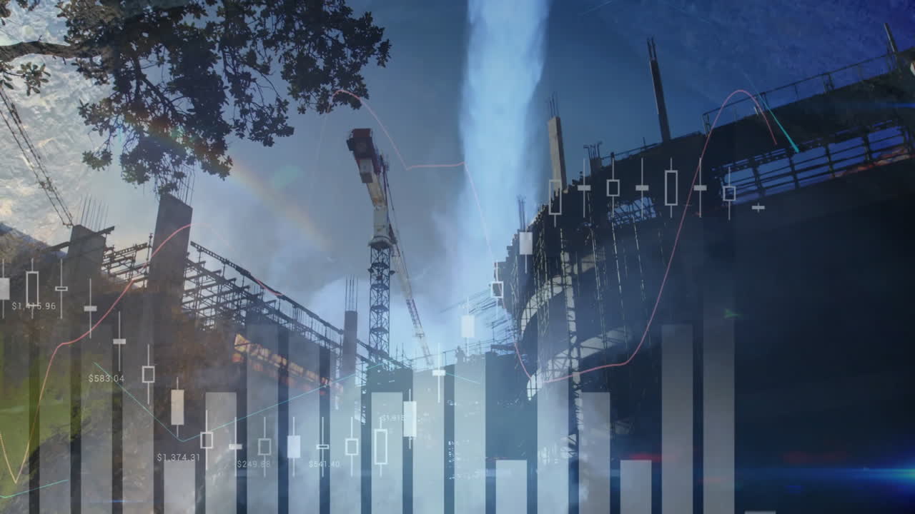 Overlaying animation of stock market data, cranes operating at construction site