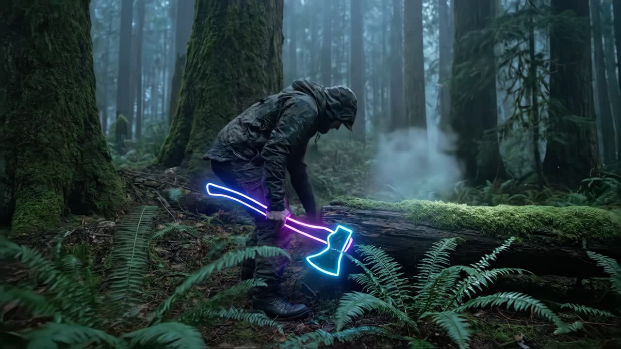 Mann i taktisk utstyr med glødende neonøks i tåkete skog
