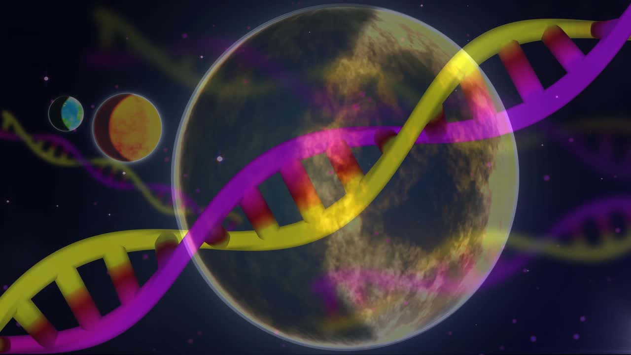Pianeti che appaiono generando filamenti colorati scintillanti, una doppia elica di DNA che si intreccia e fluttua oltre un pianeta per una demo