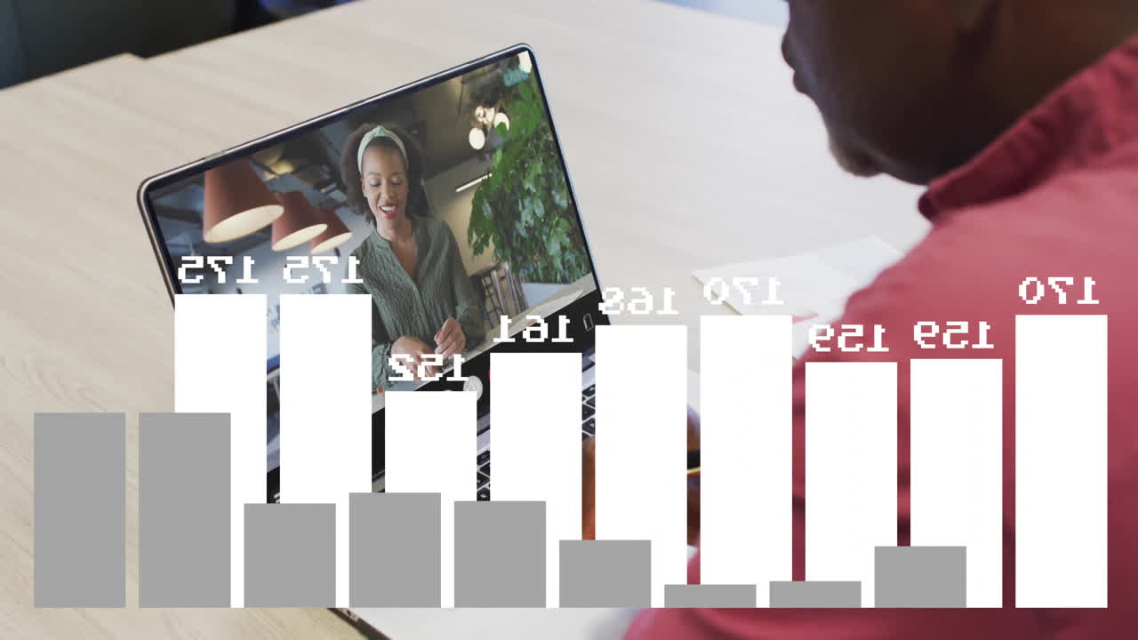 Person video conferencing on laptop with bar graph animation overlay