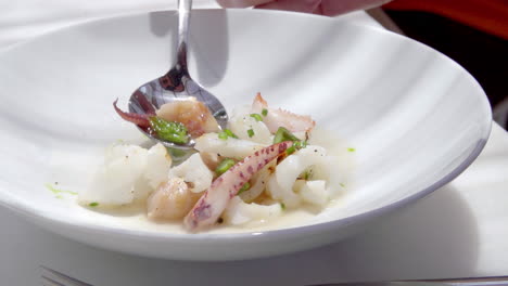 gourmet seafood dish with octopus and green garnish
