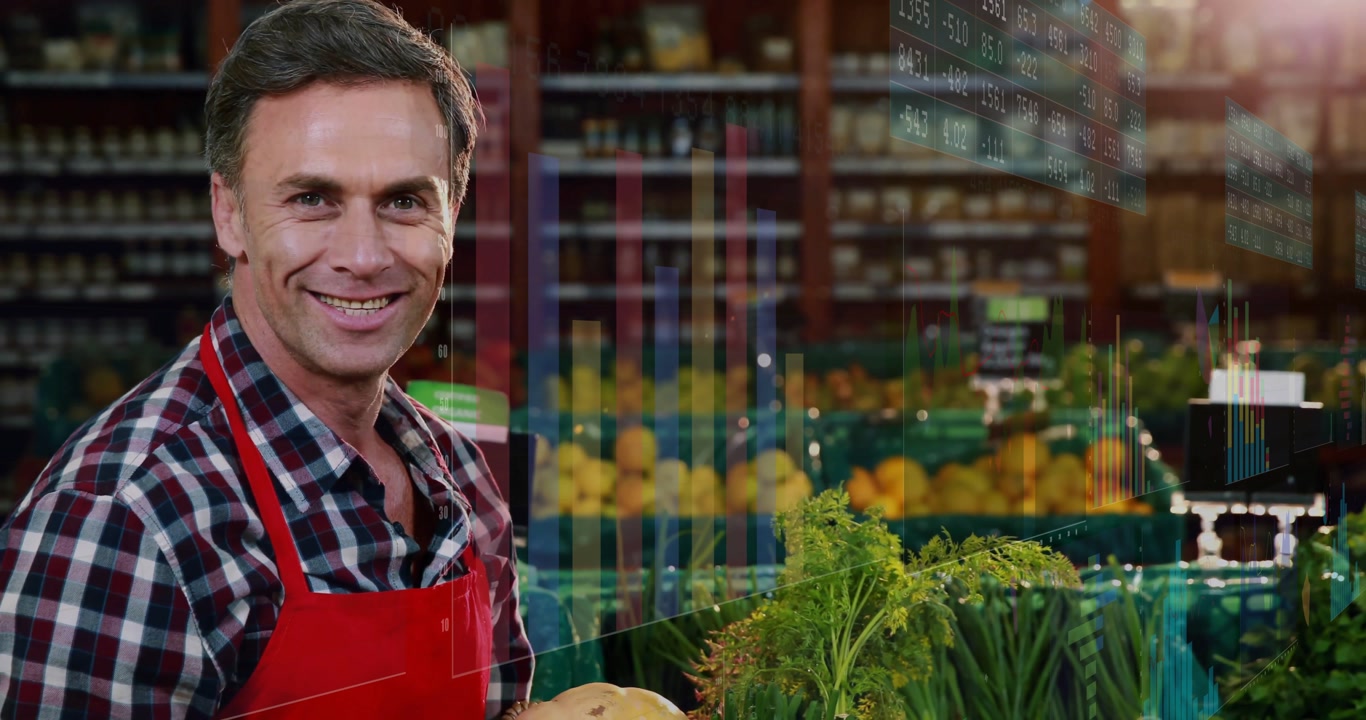 produce clerk examining potato by green bins in grocery aisle, with animated price graph overlay