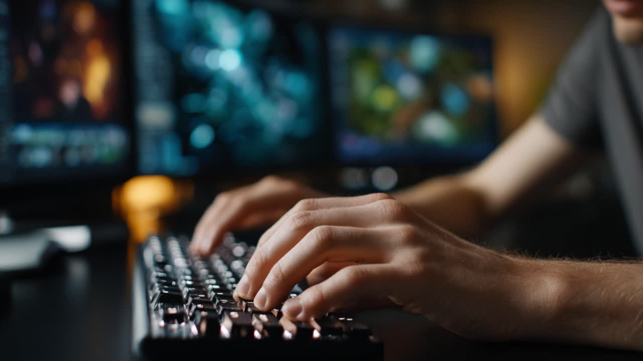Focused Gamer Engaged in Gameplay with Keyboards and Monitors Displaying Dynamic Graphics in a Dark Room with an Immersive Atmosphere