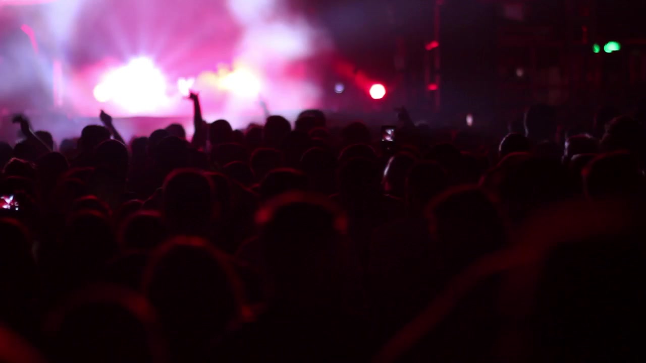 Flash colorati sul fumo sul palco di un concerto, davanti all'applauso della folla e all'artista che canta e incita, musica rock, pop e rap durante lo spettacolo.