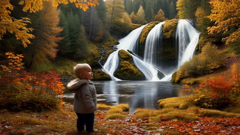 toddler marveling at a majestic autumn waterfall