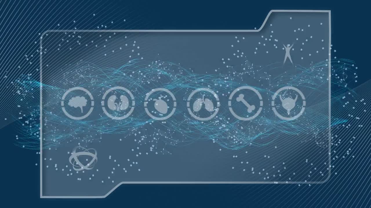 animación de iconos, procesamiento de datos a través de una red de conexiones.