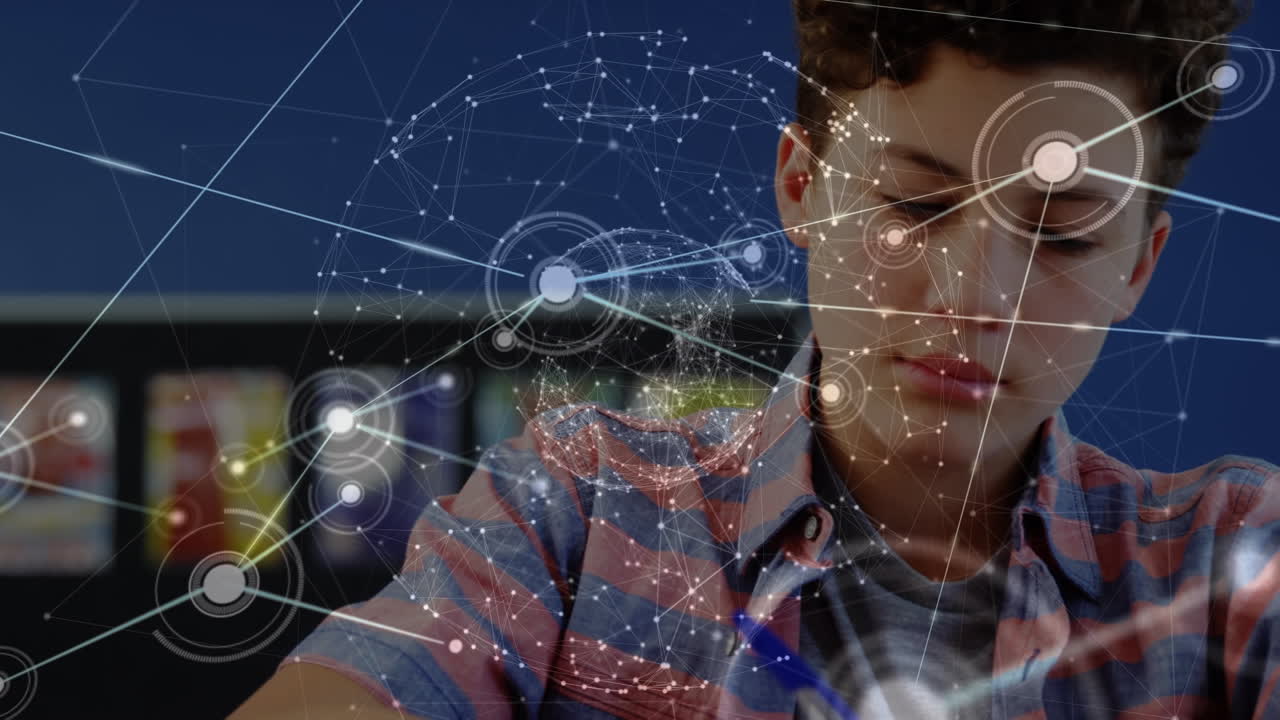 animación de la red de conexiones y el globo sobre estudiante caucásico