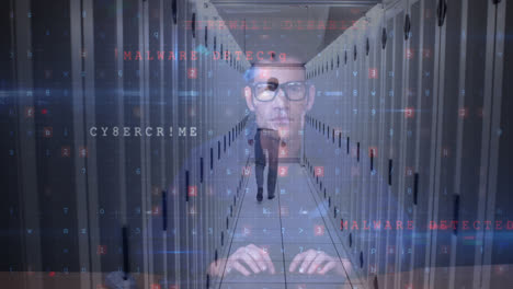 animation of data processing with cyber attack warning over hacker and computer servers
