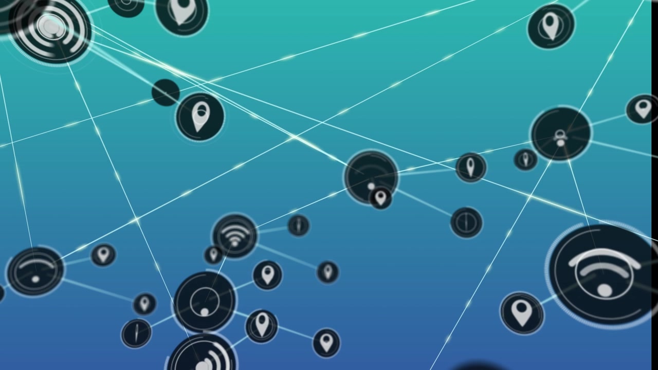 Animation of wi-fi and gps icons interconnecting with lines against blue background